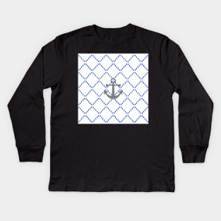 Abstract geometric pattern - blue and white - black anchor Kids Long Sleeve T-Shirt